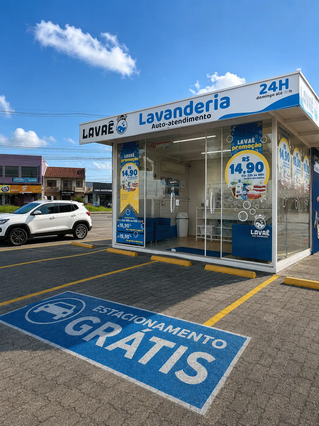 Fachada da Lavaê Canoas com vagas de estacionamento em frente
